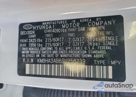 2025 Hyundai Kona Se z USA, uszkodzony, nr VIN KM8HA3AB6SU258239